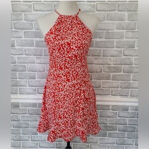 Zara Floral Mini Print Red White Smocked Halter Sleeveless Medium NWT